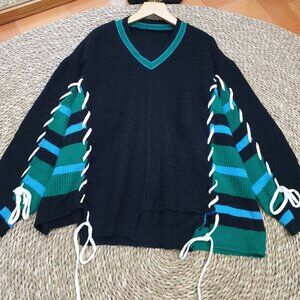 Navy Lace Up Side Colorblock Stripe Sleeve Knit Sweater Edgy